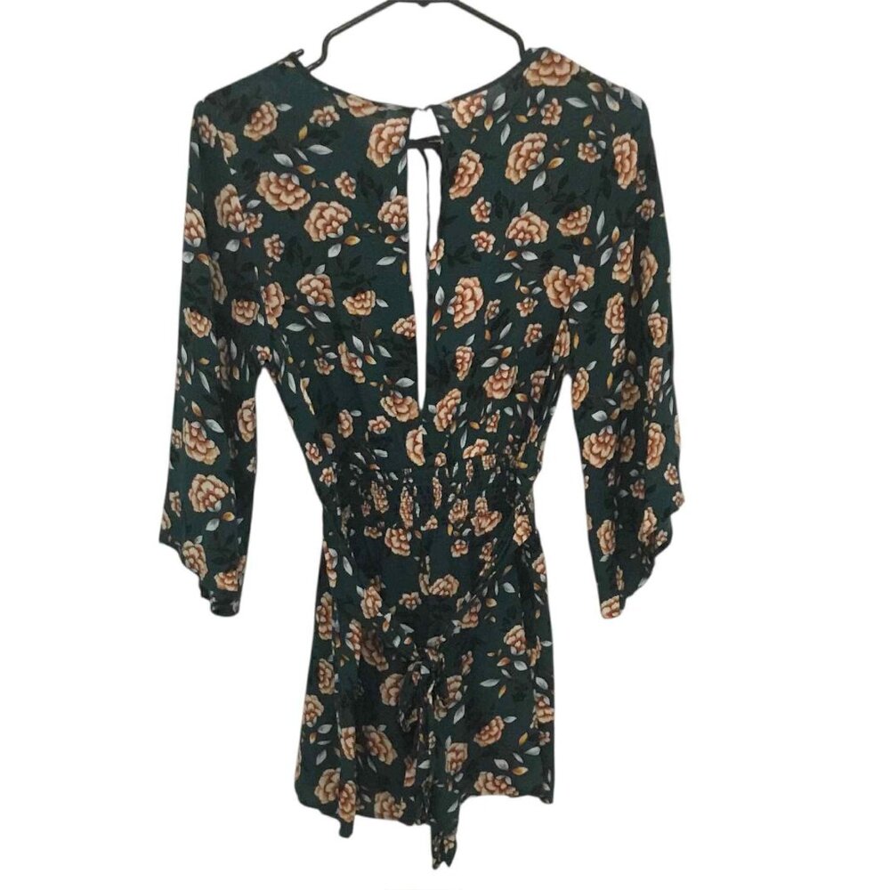 Green with Flowers Romper, Tie on Back, Elastic on Waist
